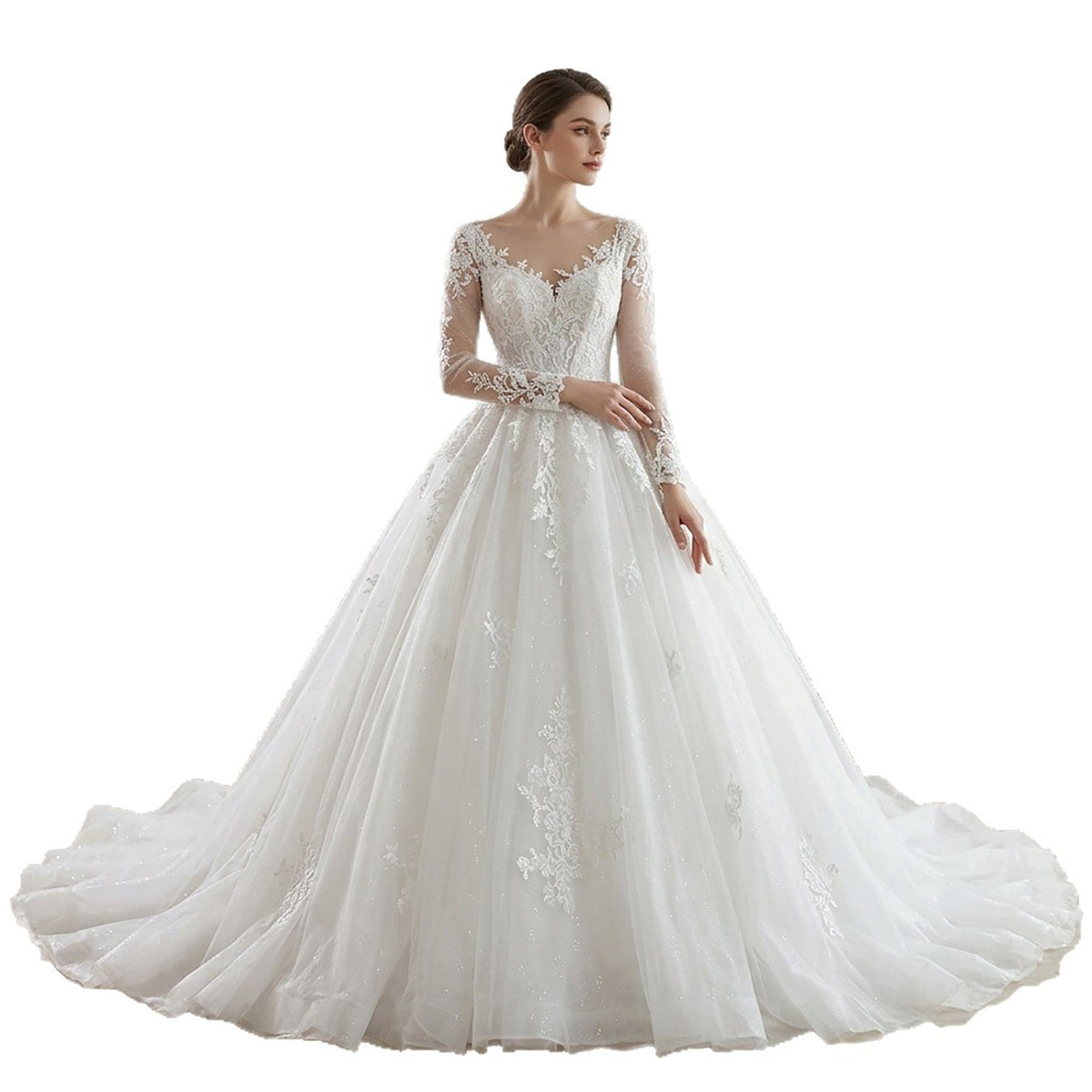 Romantic White Lace Long Sleeve Ball Gown Wedding Dress HA2582