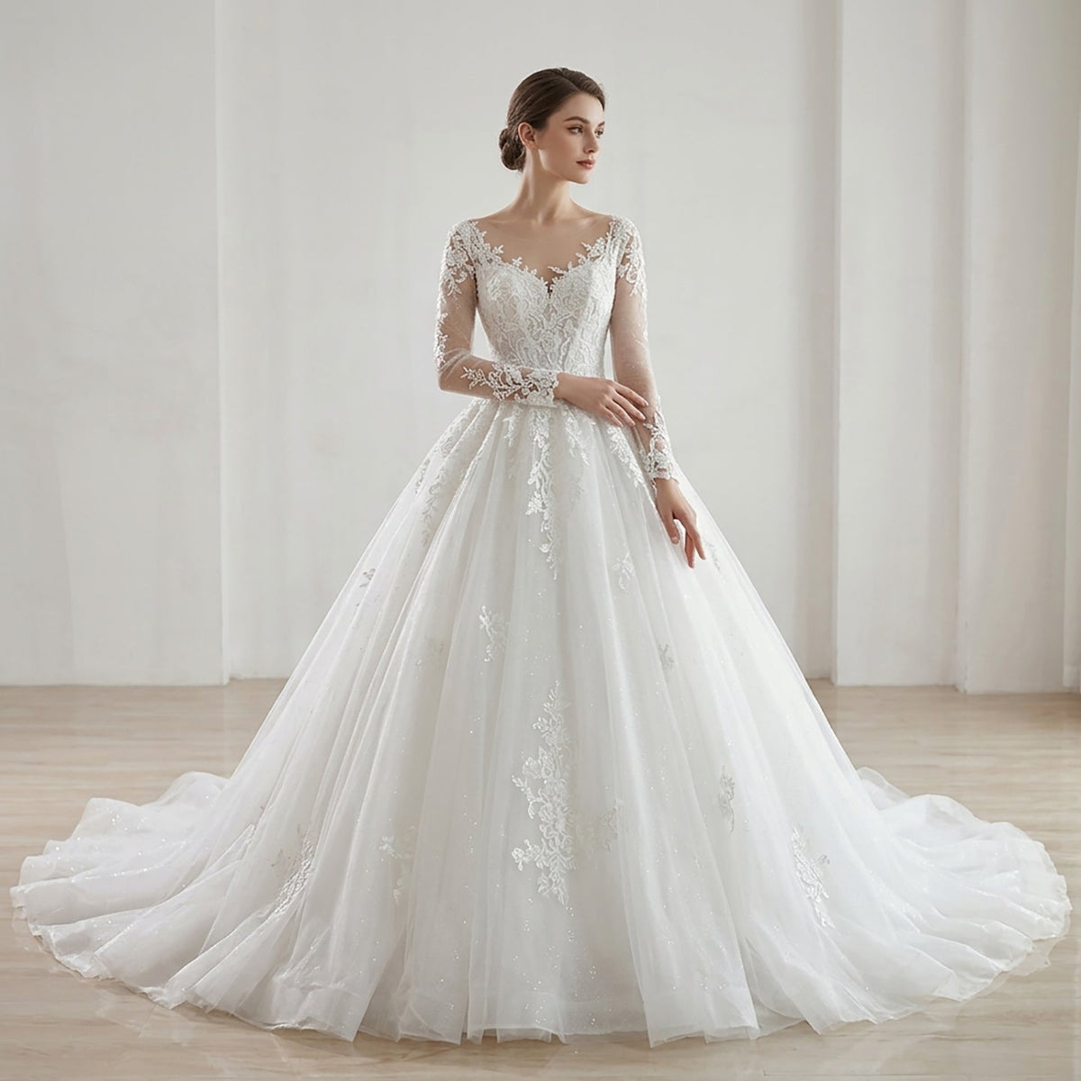 Romantic White Lace Long Sleeve Ball Gown Wedding Dress HA2582