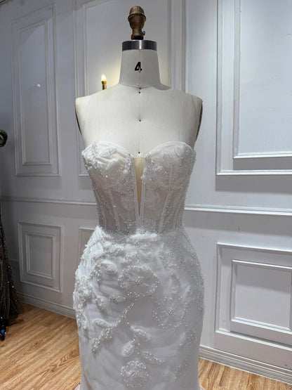 Elegant White Pearl Beaded Mermaid Wedding Dress HA2583