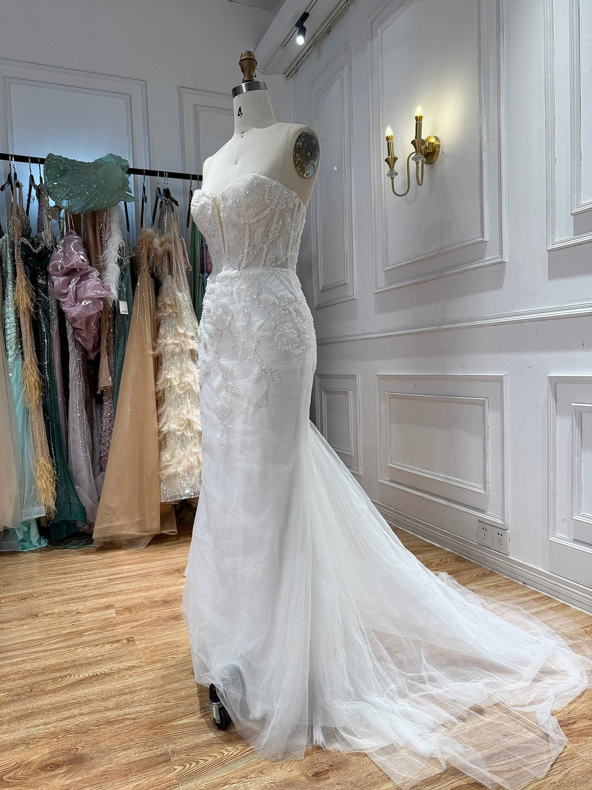 Elegant White Pearl Beaded Mermaid Wedding Dress HA2583