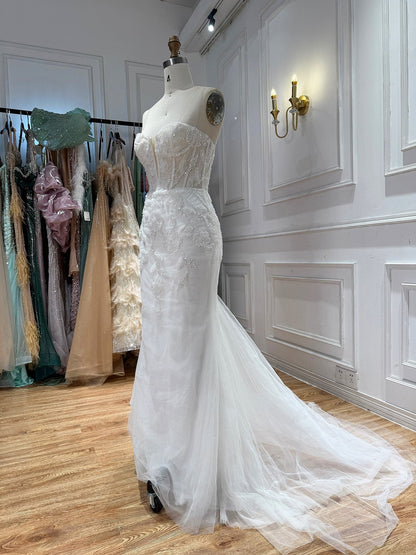 Elegant White Pearl Beaded Mermaid Wedding Dress HA2583