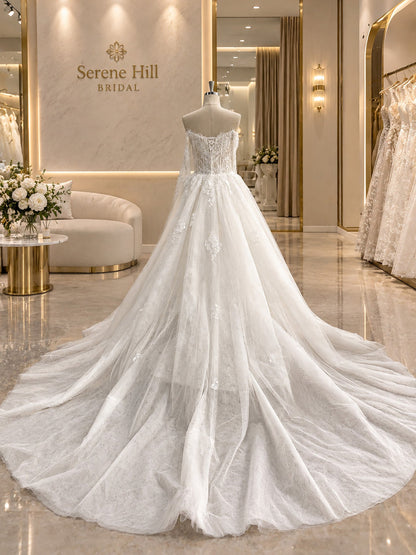 White Lace Off Shoulder Long Sleeve A Line Wedding Dress HA2596
