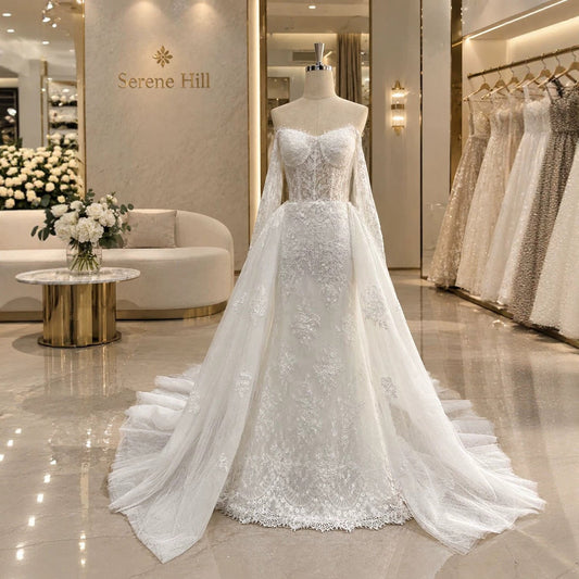White Lace Off Shoulder Long Sleeve A Line Wedding Dress HA2596