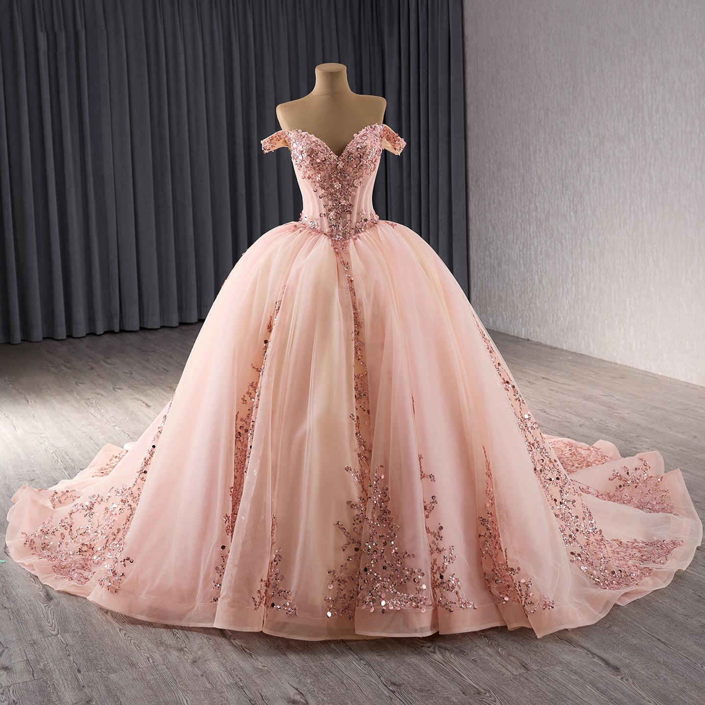 Luxury Blush Pink Strapless Floral Beaded Ball Gown HM241071