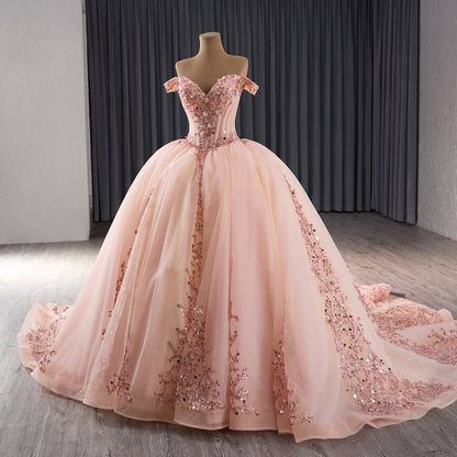Luxury Blush Pink Strapless Floral Beaded Ball Gown HM241071