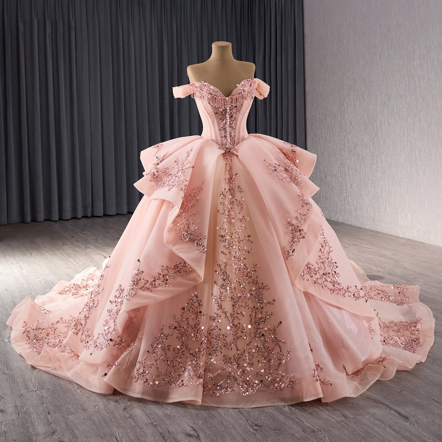 Luxury Blush Pink Strapless Floral Beaded Ball Gown HM241071