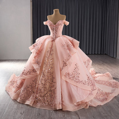 Luxury Blush Pink Strapless Floral Beaded Ball Gown HM241071