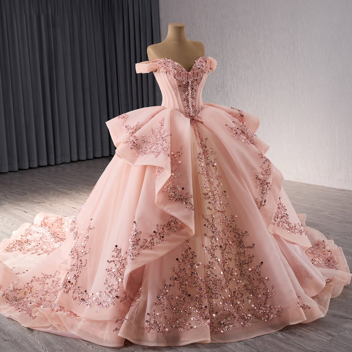 Luxury Blush Pink Strapless Floral Beaded Ball Gown HM241071