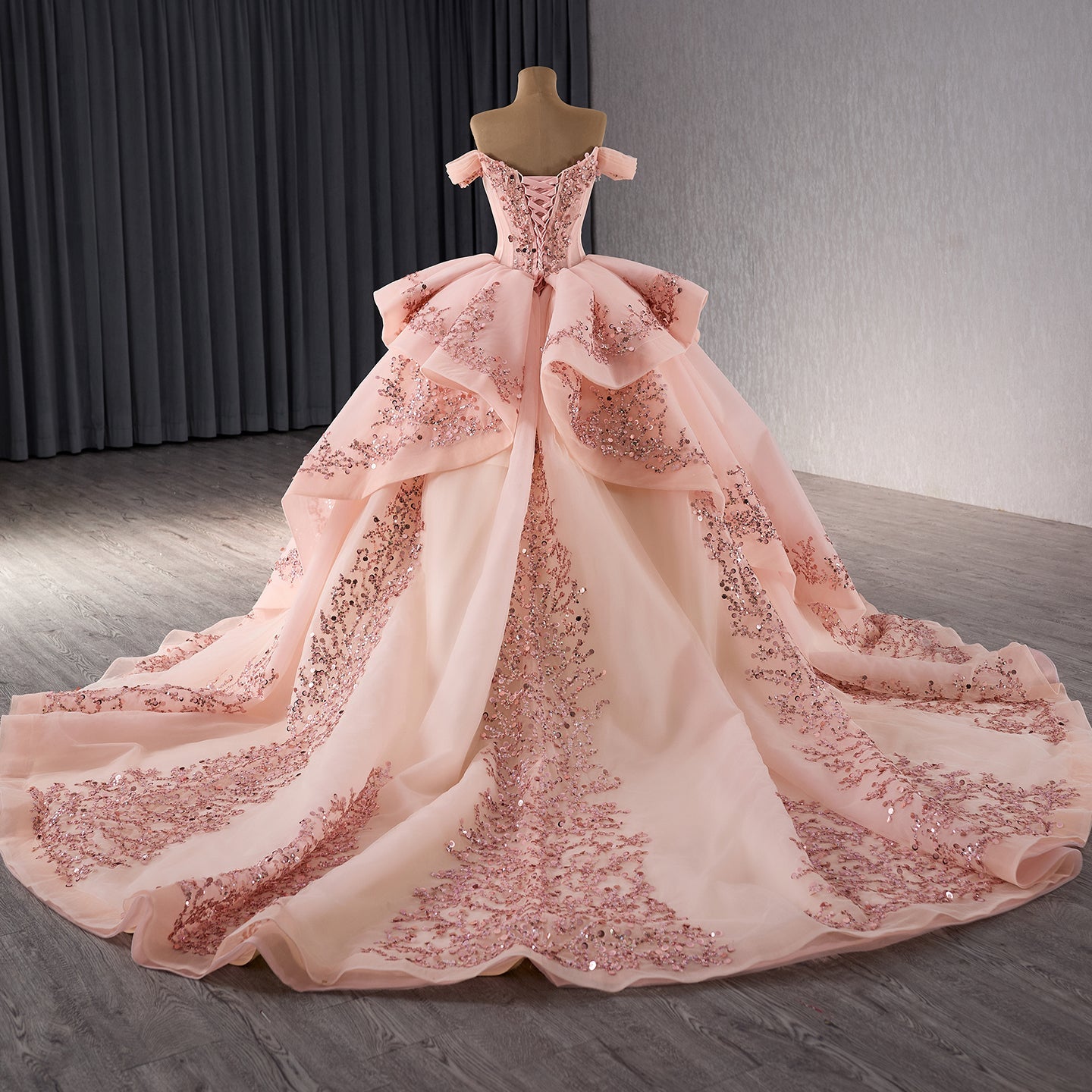 Luxury Blush Pink Strapless Floral Beaded Ball Gown HM241071