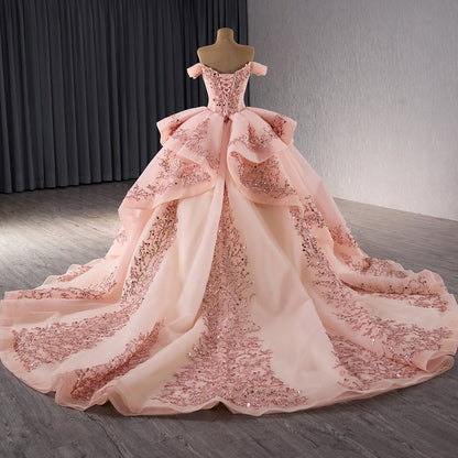 Luxury Blush Pink Strapless Floral Beaded Ball Gown HM241071