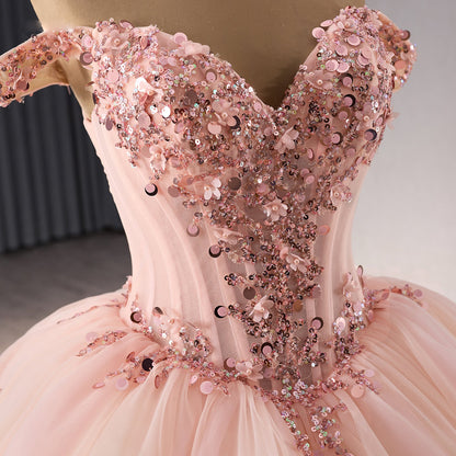 Luxury Blush Pink Strapless Floral Beaded Ball Gown HM241071