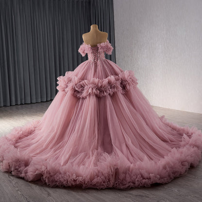 Luxury Blush Pink Off Shoulder Ruffle Tulle Ball Gown HM241098