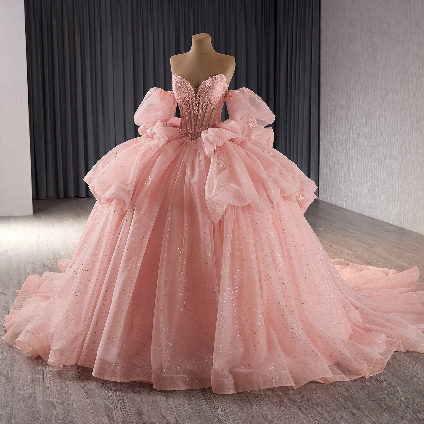 Luxury Nude Pink Off-Shoulder Glitter Beaded Ball Gown HM241101