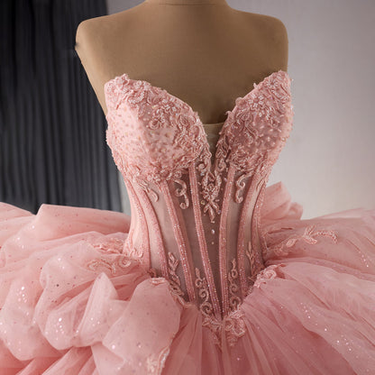 Luxury Nude Pink Off-Shoulder Glitter Beaded Ball Gown HM241101