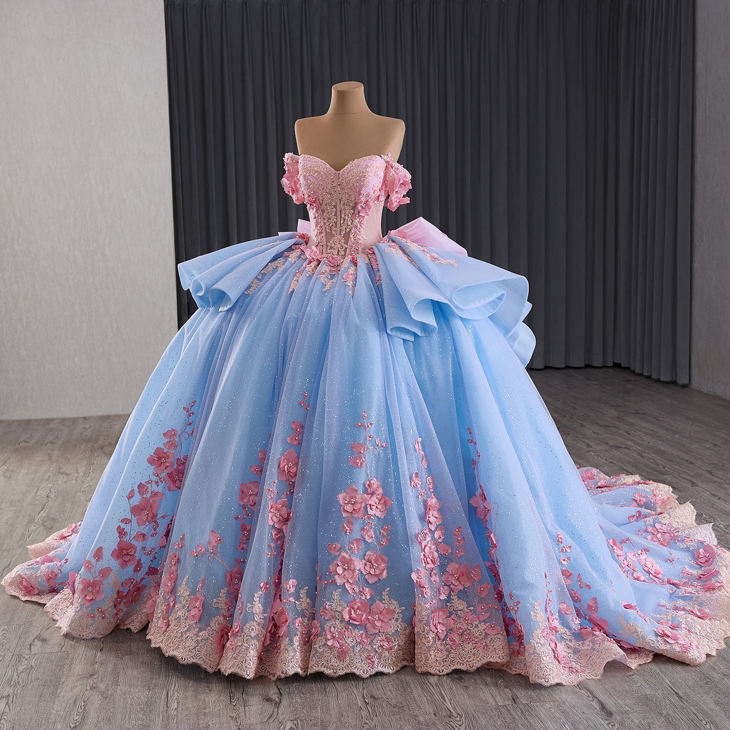 Luxury Blue Pink Off-Shoulder Bow Floral Beaded Ball Gown HM241110B