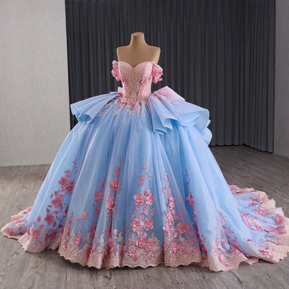 Luxury Blue Pink Off-Shoulder Bow Floral Beaded Ball Gown HM241110B