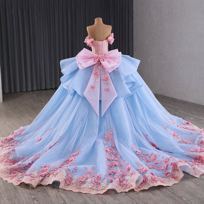 Luxury Blue Pink Off-Shoulder Bow Floral Beaded Ball Gown HM241110B