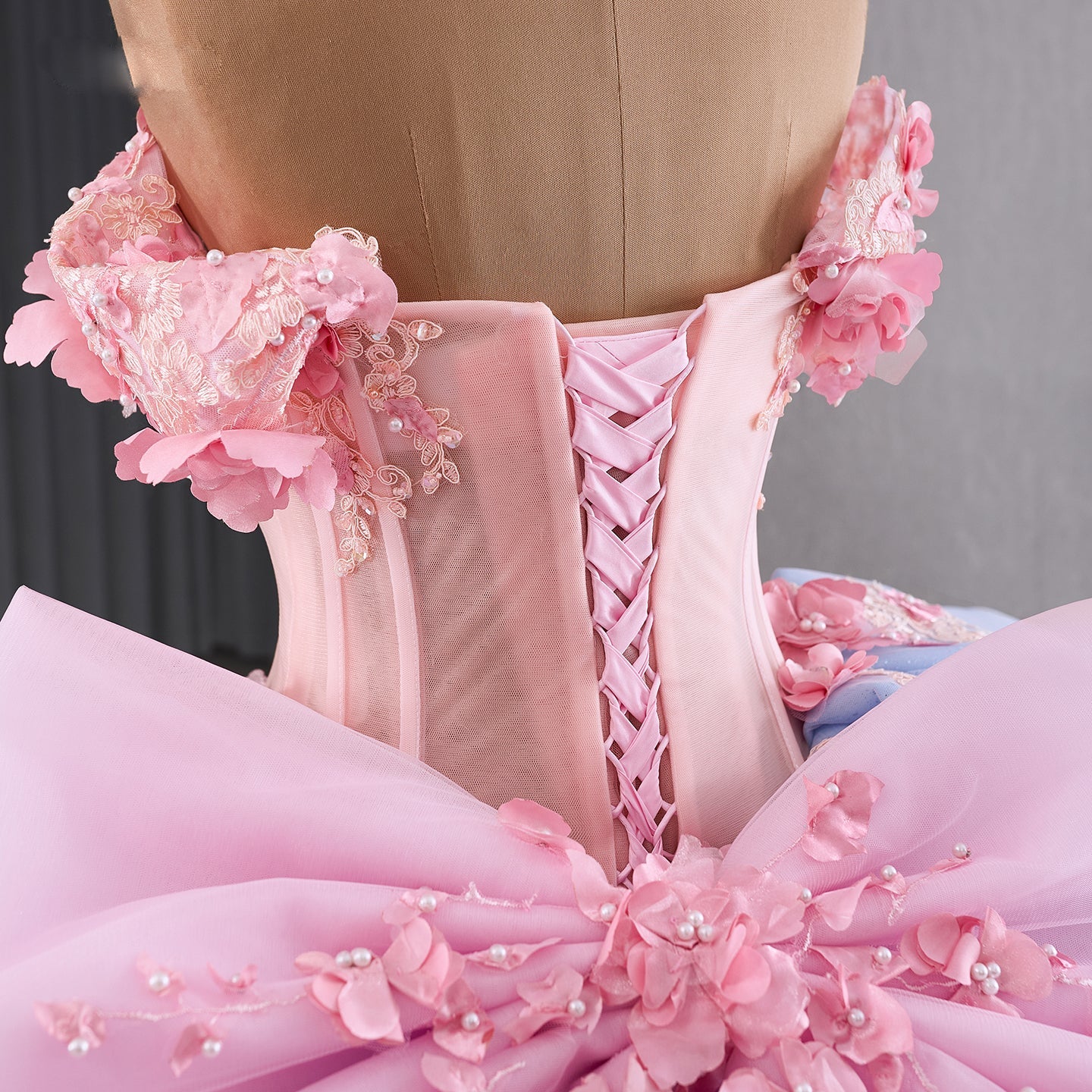 Luxury Blue Pink Off-Shoulder Bow Floral Beaded Ball Gown HM241110B
