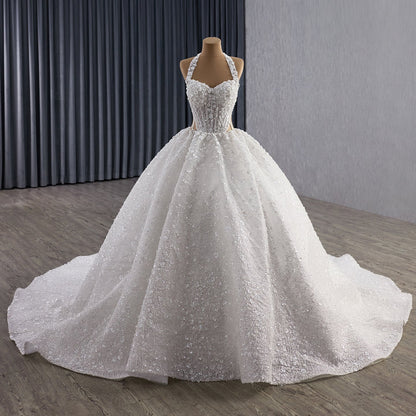 Luxury White Halter Floral Appliques Ball Gown Wedding Dress HM251085