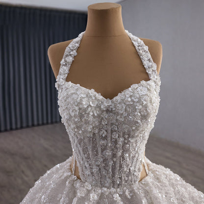 Luxury White Halter Floral Appliques Ball Gown Wedding Dress HM251085