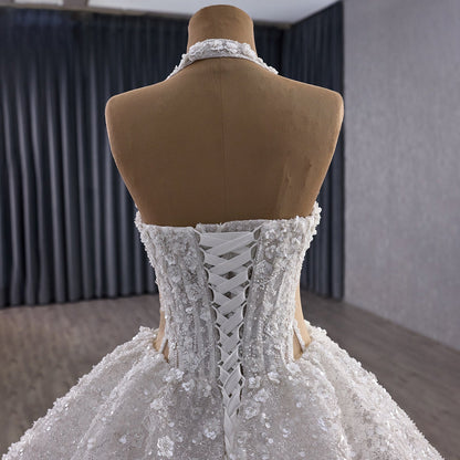 Luxury White Halter Floral Appliques Ball Gown Wedding Dress HM251085