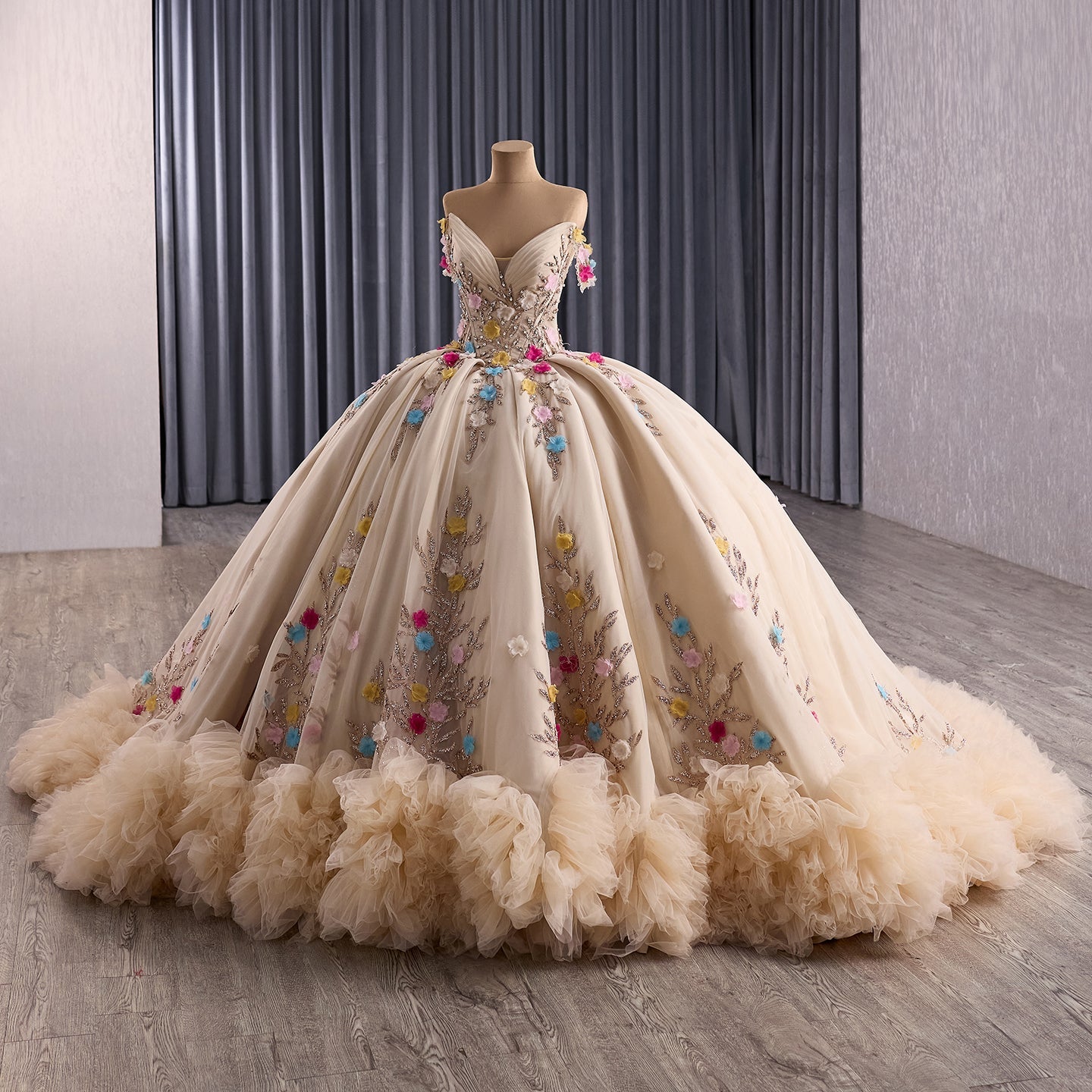 Luxury Nude Off-Shoulder Floral 3D Appliques Ball Gown HM251088