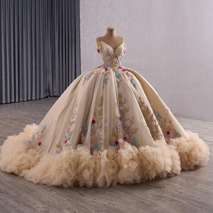 Luxury Nude Off-Shoulder Floral 3D Appliques Ball Gown HM251088