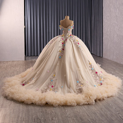 Luxury Nude Off-Shoulder Floral 3D Appliques Ball Gown HM251088