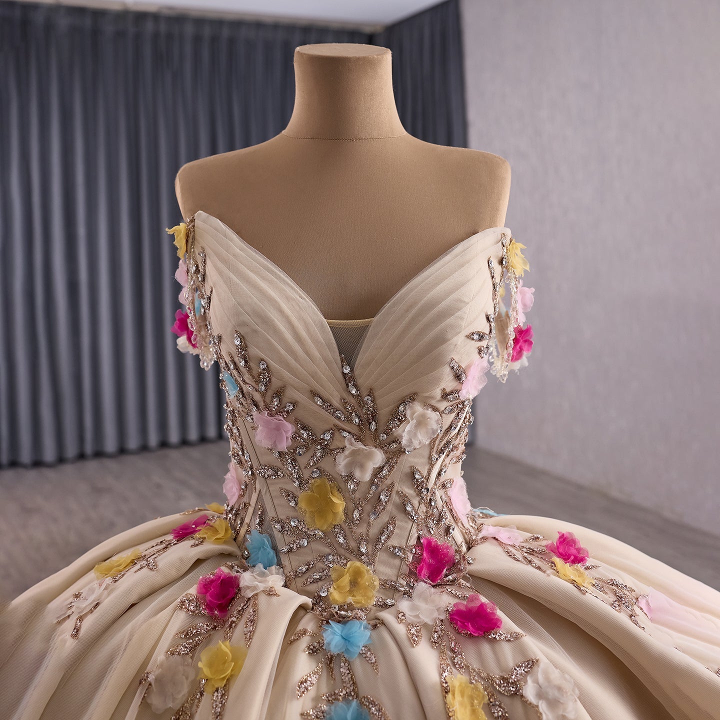 Luxury Nude Off-Shoulder Floral 3D Appliques Ball Gown HM251088