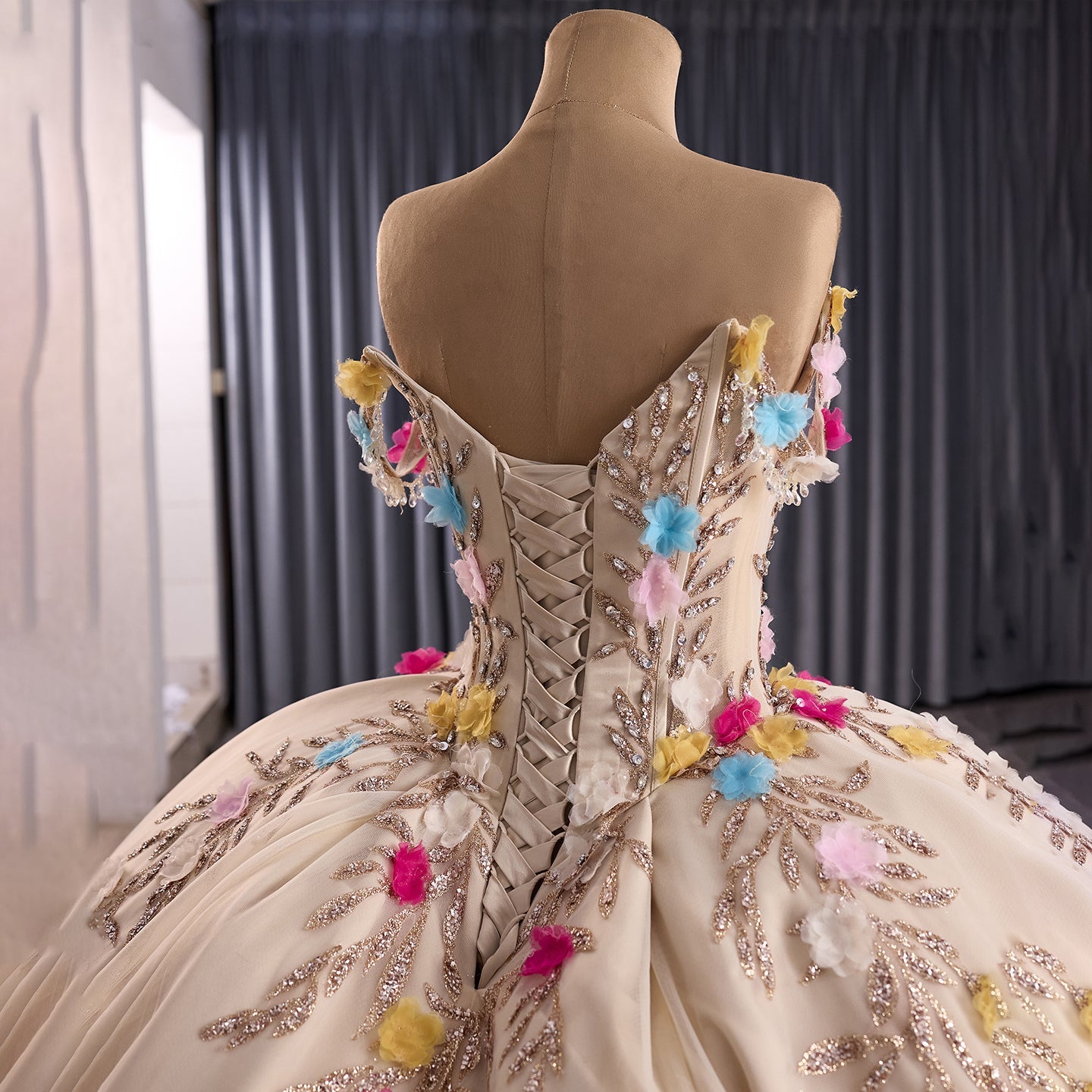 Luxury Nude Off-Shoulder Floral 3D Appliques Ball Gown HM251088