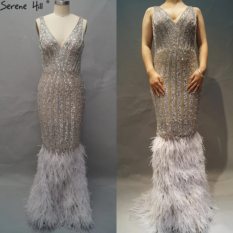 Luxury Silver Feather Mermaid V-Neck Evening Dress LA60749