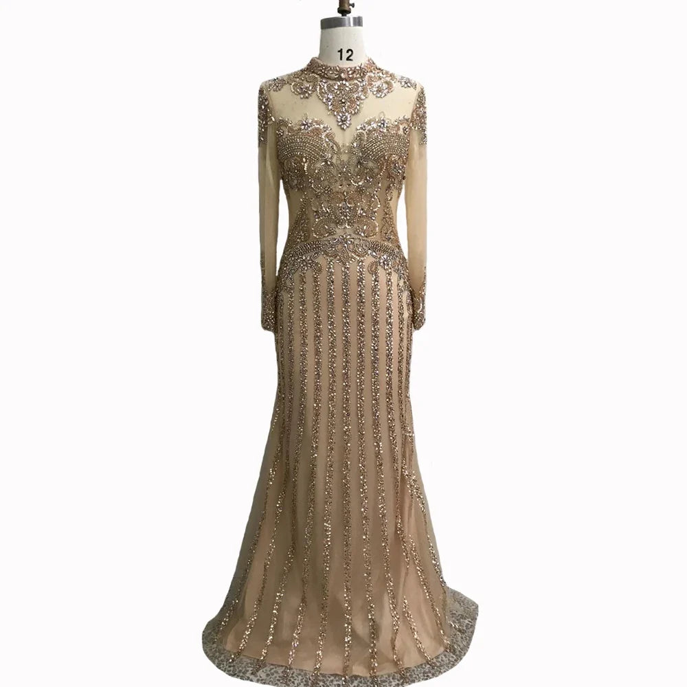 Serene Hill  Luxury Muslim Gray Luxury Long Elegant with Detachable Train Mermaid Evening Gowns Dresses  For Woman LA70199
