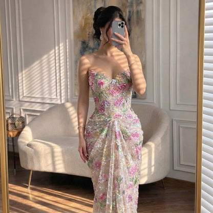 Luxury Saudi Arabic Pink 3D Flower Strapless Beaded Mermaid Evening Dress LA73552