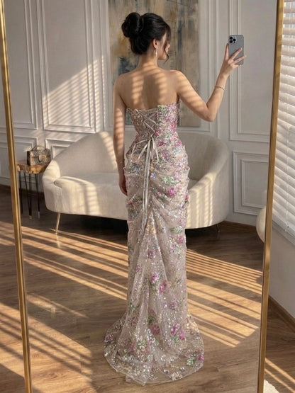 Luxury Saudi Arabic Pink 3D Flower Strapless Beaded Mermaid Evening Dress LA73552