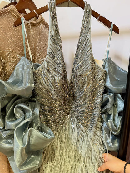 Luxury Beige Beaded Feather Mermaid Evening Dress with Slit LA70623B