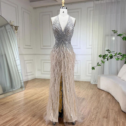 Luxury Beige Beaded Feather Mermaid Evening Dress with Slit LA70623B