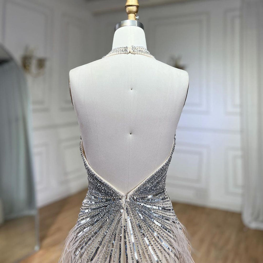 Luxury Beige Beaded Feather Mermaid Evening Dress with Slit LA70623B