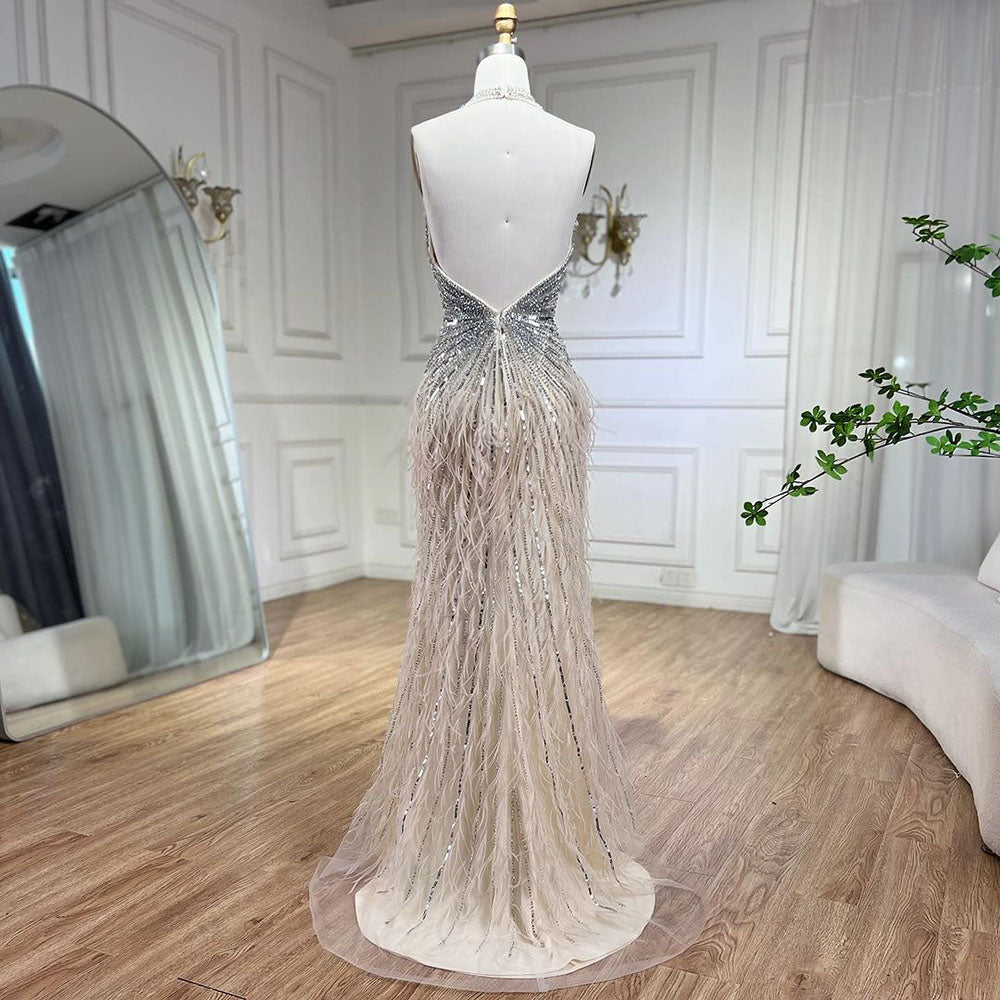 Luxury Beige Beaded Feather Mermaid Evening Dress with Slit LA70623B