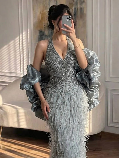 Luxury Beige Beaded Feather Mermaid Evening Dress with Slit LA70623B