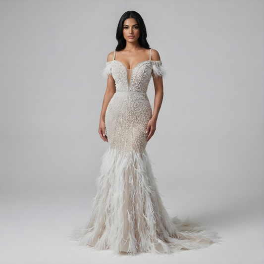 Luxury Feathers White Nude Prom Evening Dresses LA71656