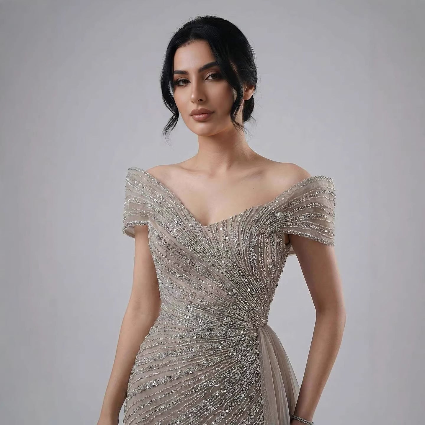 Luxury Nude Mermaid Elegant Beaded Sparkle Evening Dress With Skirt LA71686A