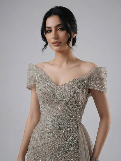 Luxury Nude Mermaid Elegant Beaded Sparkle Evening Dress With Skirt LA71686A