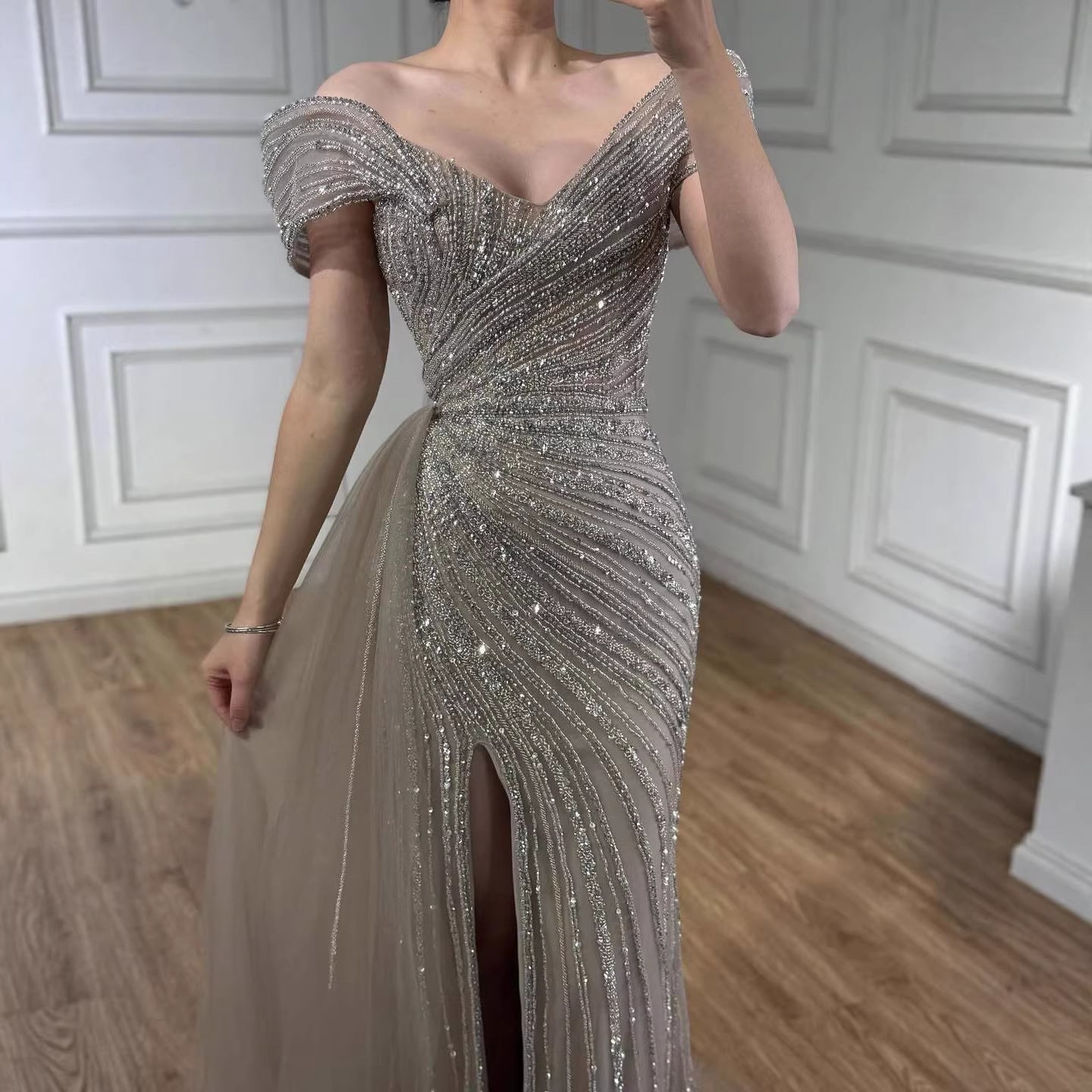 Luxury Nude Mermaid Elegant Beaded Sparkle Evening Dress With Skirt LA71686A