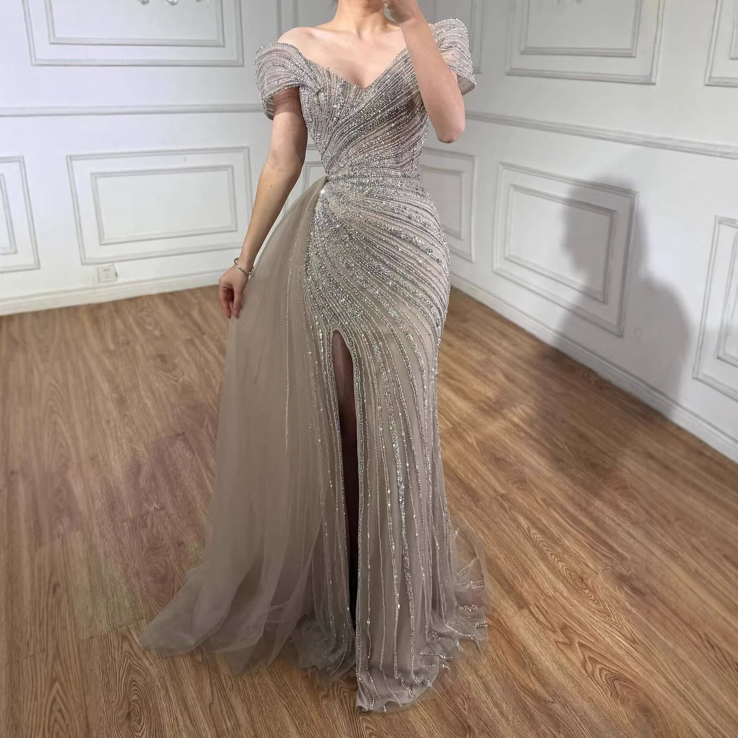 Luxury Nude Mermaid Elegant Beaded Sparkle Evening Dress With Skirt LA71686A