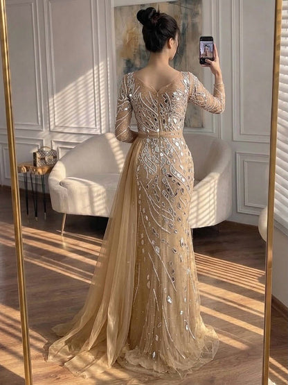 Luxury Nude Beaded Mermaid Evening Dress with Overskirt LA71757