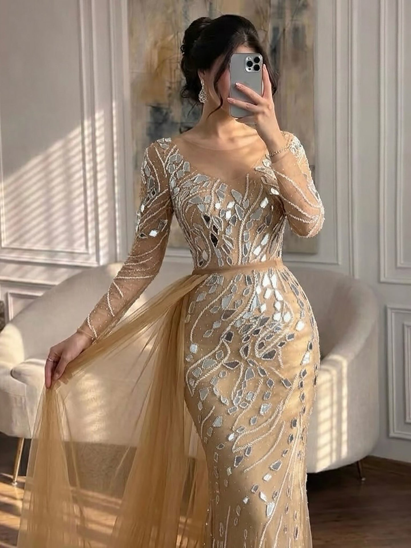 Luxury Nude Beaded Mermaid Evening Dress with Overskirt LA71757