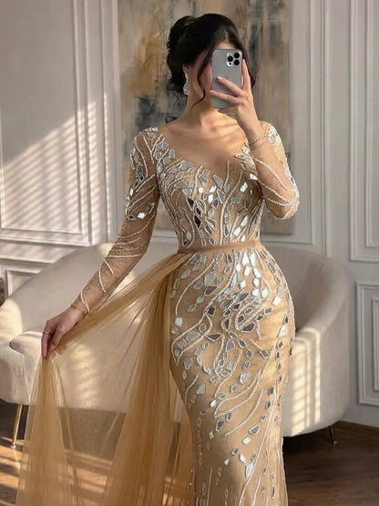 Luxury Nude Beaded Mermaid Evening Dress with Overskirt LA71757