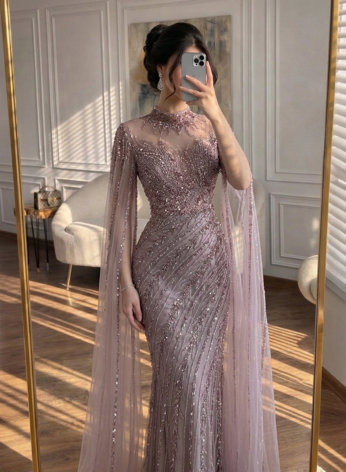 Luxury Black Nude Mermaid Evening Dresses with Cape Sleeves LA71885A