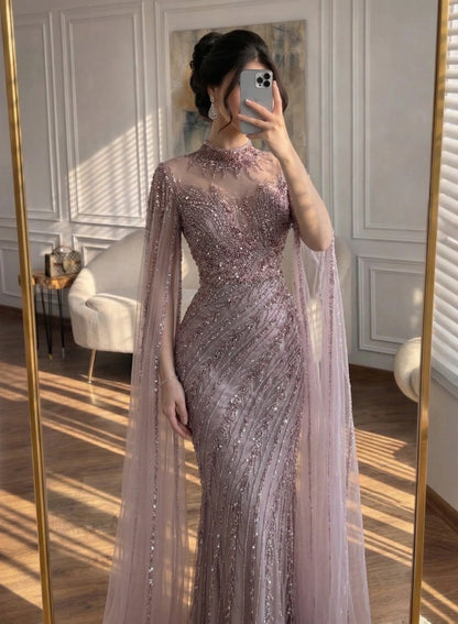 Luxury Black Nude Mermaid Evening Dresses with Cape Sleeves LA71885A