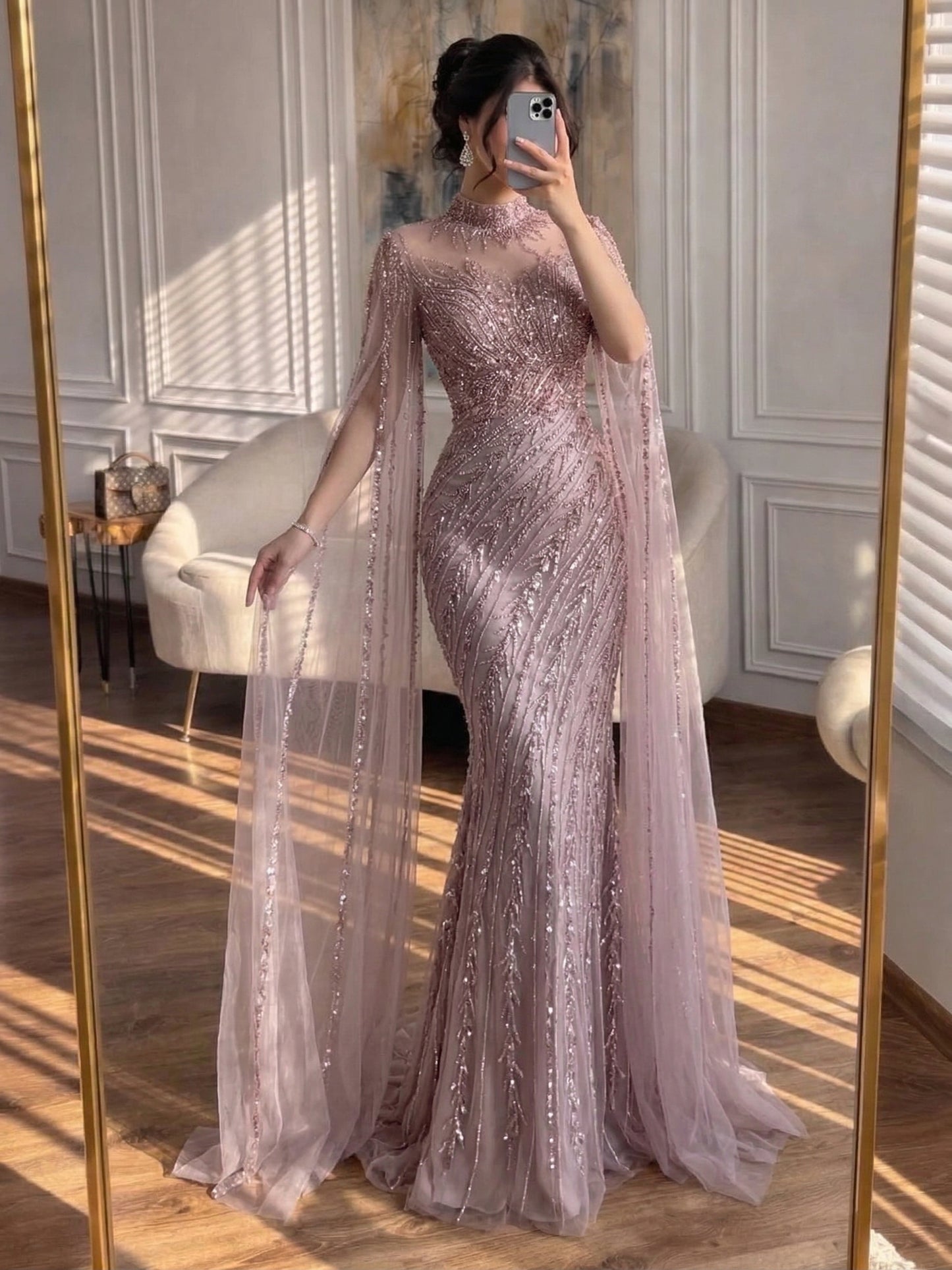 Luxury Black Nude Mermaid Evening Dresses with Cape Sleeves LA71885A